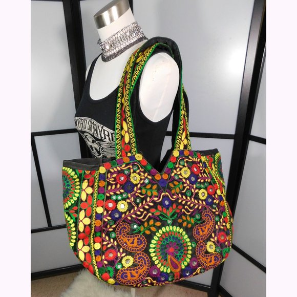 Hand Crafted Handbags - Boho Black Velvet Embroidered Big Bag